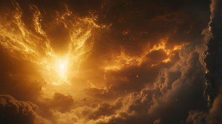 A stunning display of fiery colors illuminating a dramatic cloudscape, capturing the beauty and grandeur of nature's celestial phenomena at dusk.の素材