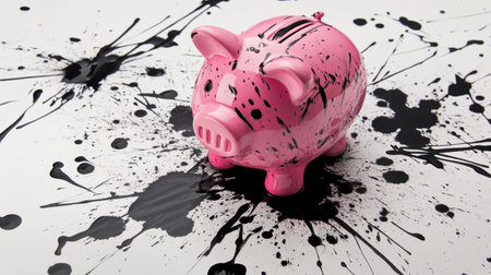 A vibrant pink piggy bank sits against a backdrop of striking black paint splatter, symbolizing savings and creativity in finance. Perfect for artistic themes.の素材
