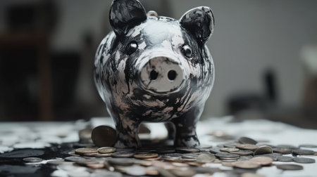 An artistic black and white piggy bank surrounded by scattered coins showcases a modern approach to savings and finance on a stylish table.の素材