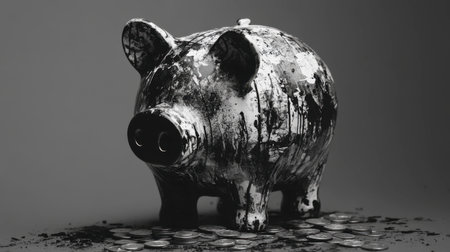 A striking artistic depiction of a piggy bank with a splash design, surrounded by scattered coins. This image captures themes of finance and savings in a creative manner.の素材