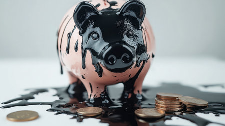 A piggy bank, coated in black paint, stands amidst a spill of coins. This striking image symbolizes financial waste and economic challenges.の素材