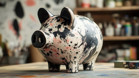 This artistic piggy bank features a colorful splatter design, ideal for adding a playful touch to any decor while promoting the concept of savings.の素材