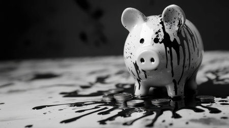 A striking black and white artwork featuring a piggy bank splattered with paint. This image symbolizes financial struggle, loss, and economic hardship.の素材