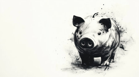 This artistic illustration showcases a pig in black and white, enhanced by dynamic splashes. Perfect for design projects or animal-themed artworks.の素材