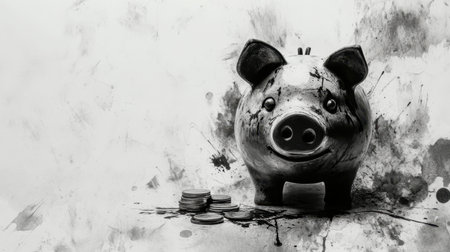 A charming piggy bank sits surrounded by scattered coins and artistic ink splashes, symbolizing savings and financial creativity in a unique design.の素材