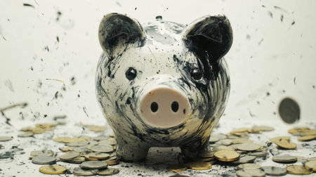 A creative depiction of a piggy bank surrounded by shattered coins and debris, exploring themes of finance, investment, and the fragility of savings.の素材