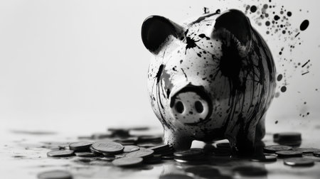 A striking piggy bank covered in black ink splatters, surrounded by scattered coins. This artistic composition combines themes of finance and creativity.の素材