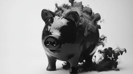 A striking black piggy bank emerges from swirling smoke, creating a dramatic visual effect. This monochrome image symbolizes financial concepts and creativity.の素材