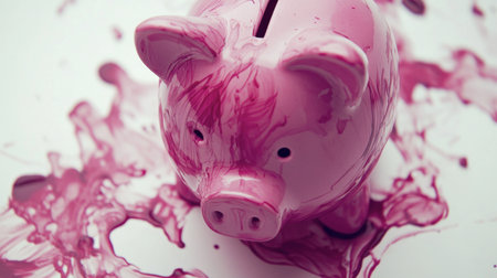 Colorful pink piggy bank set against a vibrant paint splash background. Perfect for themes related to savings, finance, and creativity in art or childhood.の素材