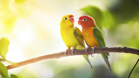 Two vibrant parrots sit closely together on a branch, basking in soft sunlight. This intimate moment captures the beauty of nature and avian companionship.の素材