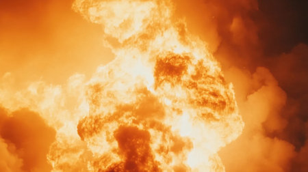 A stunning view of a massive fireball bursting into vibrant flames, illuminating the surroundings with a dramatic orange glow against a smoky backdrop.の素材