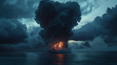 A striking explosion illuminates the ocean at dusk, surrounded by dark clouds. This breathtaking scene captures the beauty and chaos of nature's power.の素材