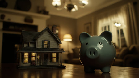 A charming scene featuring a model house beside a piggy bank, set in a cozy living room. This image captures the warmth of home and the theme of saving.の素材
