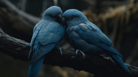 Two blue birds share a moment of affection while perched on a branch, showcasing their vibrant feathers and calm demeanor in a serene natural setting.の素材