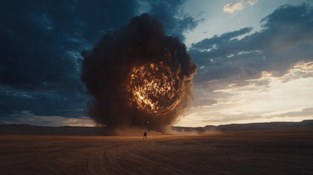 A captivating scene of a dramatic explosion in a desert landscape, featuring a silhouette against a fiery, smoky backdrop at dusk. Stunning visuals evoke emotion.の素材