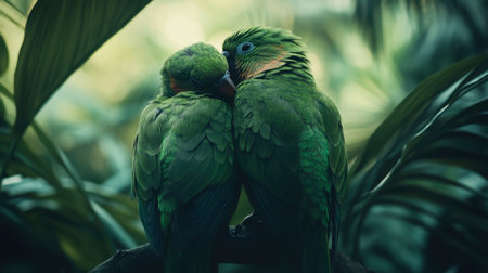 Two vibrant green parrots share a tender moment among lush foliage, showcasing their intimate bond in a serene tropical environment.の素材