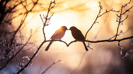 Two birds share a tender moment on a branch during sunset, silhouetted against a colorful sky, capturing the essence of love and tranquility in nature.の素材