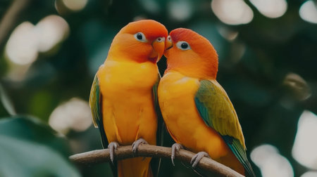 Two vibrant, affectionate birds share a tender moment perched on a branch, showcasing nature's beauty and the bond between them amidst a lush backdrop.の素材