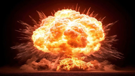 A stunning depiction of an explosion showcasing a fiery mushroom cloud with vibrant orange and yellow hues, capturing the raw power and intensity of a catastrophic event.の素材