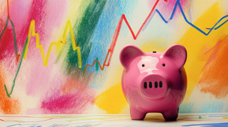 A vibrant piggy bank sits against an abstract background, symbolizing savings and financial growth. The colorful backdrop adds a playful touch to budget concepts.の素材