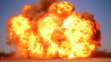 A dramatic explosion showcasing fiery flames and thick smoke against a clear sky, illustrating the raw power and danger of explosive events.の素材