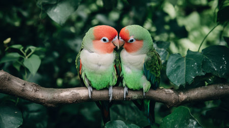 Two vibrant lovebirds share a tender moment on a branch surrounded by lush green foliage, showcasing the beauty of wildlife and nature's romance.の素材