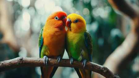 Two vibrant parrots share a sweet moment perched on a branch, showcasing their colorful plumage. A serene scene in nature perfect for wildlife enthusiasts.の素材