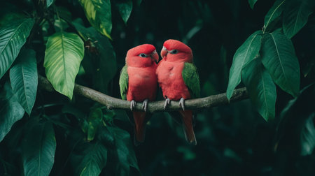 Two vibrant red birds sit closely on a branch amidst lush green foliage, showcasing a moment of connection and harmony in their natural habitat.の素材