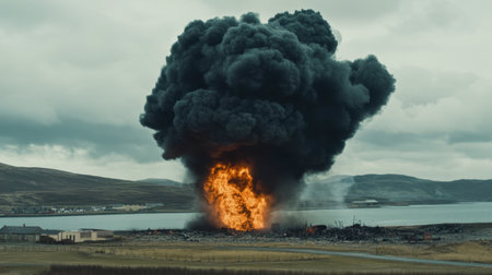 A powerful explosion creates a massive fireball and billowing black smoke against a serene landscape, showcasing the contrast between destruction and nature.の素材