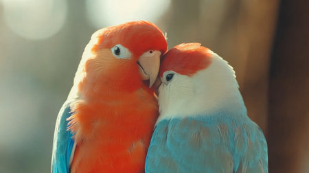 Two vibrant parrots share a tender moment, showcasing their colorful feathers and intimate bond against a natural backdrop. This scene captures the beauty of companionate wildlife.の素材