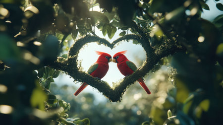 Two vibrant birds create a heart shape in lush greenery, symbolizing love and harmony in nature. An enchanting scene that captures beauty and affection.の素材