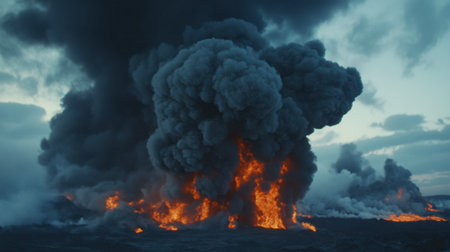 A powerful volcanic eruption showcasing dramatic smoke and vibrant flames against a moody sky, highlighting the raw power of nature and geological activity.の素材