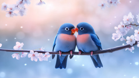 Two charming bluebirds sit close together on a branch adorned with delicate blossoms, capturing a tender moment of love and serenity in nature's springtime beauty.の素材