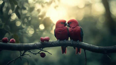 Two vibrant red birds sit closely on a branch, exuding romance in a tranquil natural setting. Soft light creates a dreamy atmosphere around them.の素材