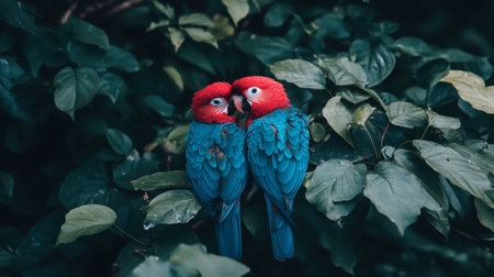 Two vibrant parrots rest close together amidst lush green leaves, showcasing their striking plumage and affectionate bond in a tranquil natural setting.の素材