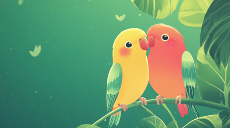 A charming illustration of colorful parrots sharing a sweet moment on a branch surrounded by lush greenery, capturing the essence of love in nature.の素材