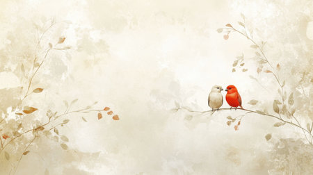 Two charming birds perch closely on a delicate branch, surrounded by soft, muted colors and gentle foliage, evoking feelings of love and tranquility.の素材