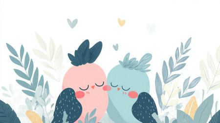 Adorable illustration of two cute birds in love, surrounded by lush leaves and floating hearts. Perfect for designs that evoke romance and joy.の素材