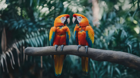 Two vibrant parrots sit closely on a branch, showcasing their colorful feathers amidst lush greenery, capturing the beauty of nature and wildlife.の素材