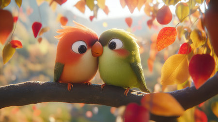 Two adorable birds in vibrant colors share a sweet moment on a branch surrounded by autumn leaves, capturing the essence of love in nature.の素材