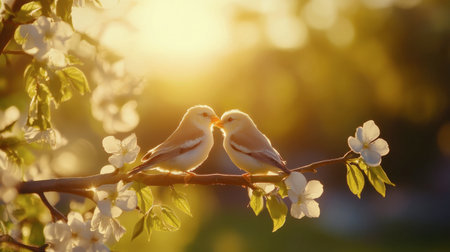 Two birds share a tender moment on a blossoming branch, surrounded by soft sunlight. This scene captures love and tranquility in nature's beauty.の素材