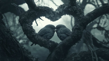 Two birds face each other nestled within heart-shaped branches, embodying love and connection in a serene, misty forest setting. A beautiful nature scene.の素材