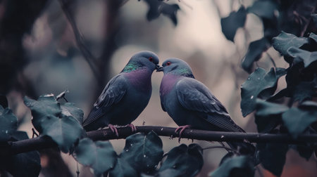 Two doves share an intimate moment while perched on a branch, surrounded by lush foliage. This serene scene captures love and connection in nature.の素材
