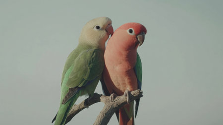Two beautiful and colorful parrots perched on a branch, showcasing their vibrant feathers. A perfect representation of love and companionship in nature.の素材