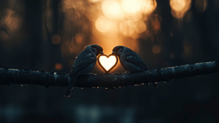 Two birds perched on a branch create a heart shape with their proximity, set against a warm sunset backdrop, evoking themes of love and connection.の素材