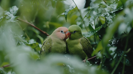 This enchanting image captures a pair of affectionate birds nestled together in a vibrant green setting, symbolizing love and harmony in nature.の素材