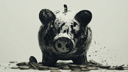A striking black piggy bank sits amidst scattered coins, enhancing the theme of savings and finance. The artistic splatter effect adds a modern touch.の素材