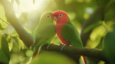 Two vibrant birds share a tender moment on a tree branch, surrounded by lush greenery and sunlight, capturing the beauty of nature and romance.の素材