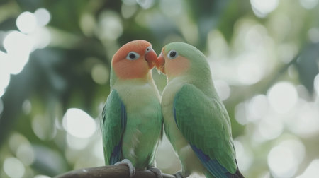 This charming image captures a pair of colorful lovebirds sharing a moment of affection amidst a beautiful natural backdrop, radiating romance.の素材