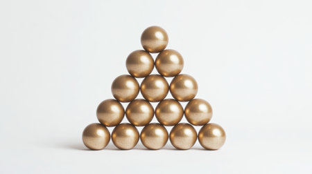 This image features a stylish arrangement of golden metallic spheres forming a triangular shape. The clean background enhances its modern and minimalist appeal.の素材